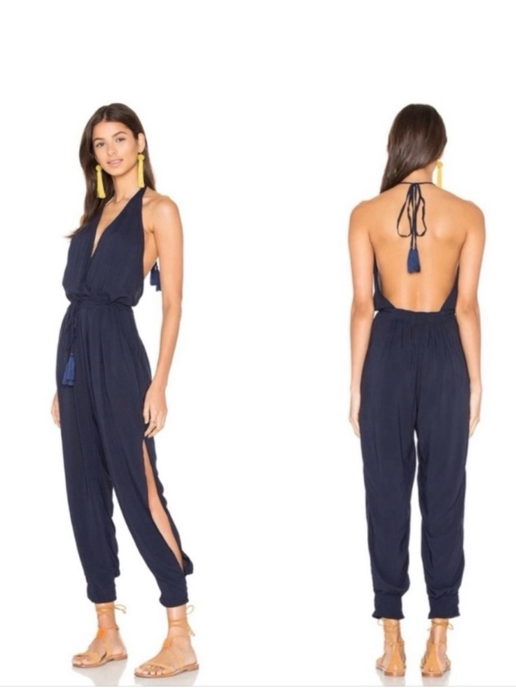 Indah Navy Halter-Back Jumpsuit With Tassel Tie